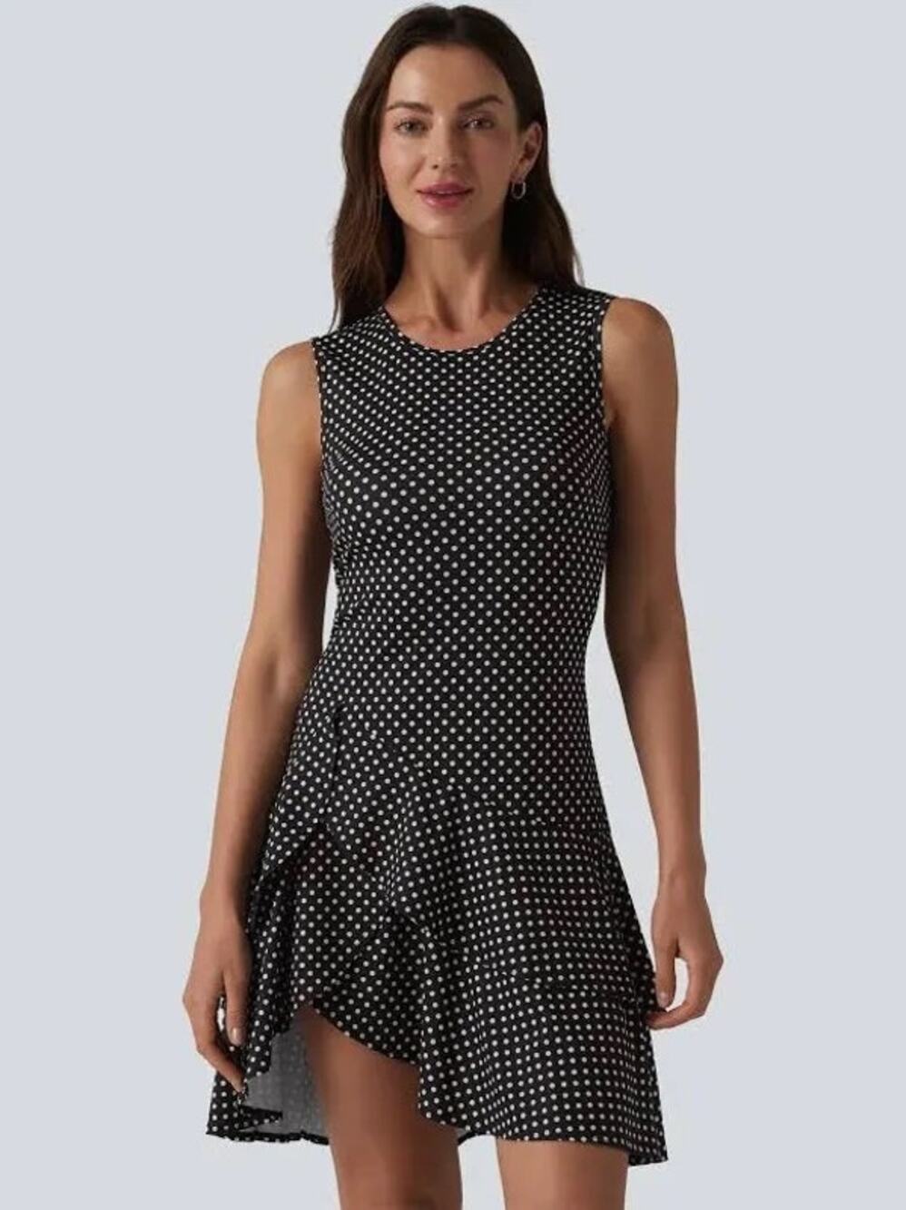 Halara XS Midnight Dot Sleeveless Round Neck Ruffle Hem Polka Dot Mini Dress NWT